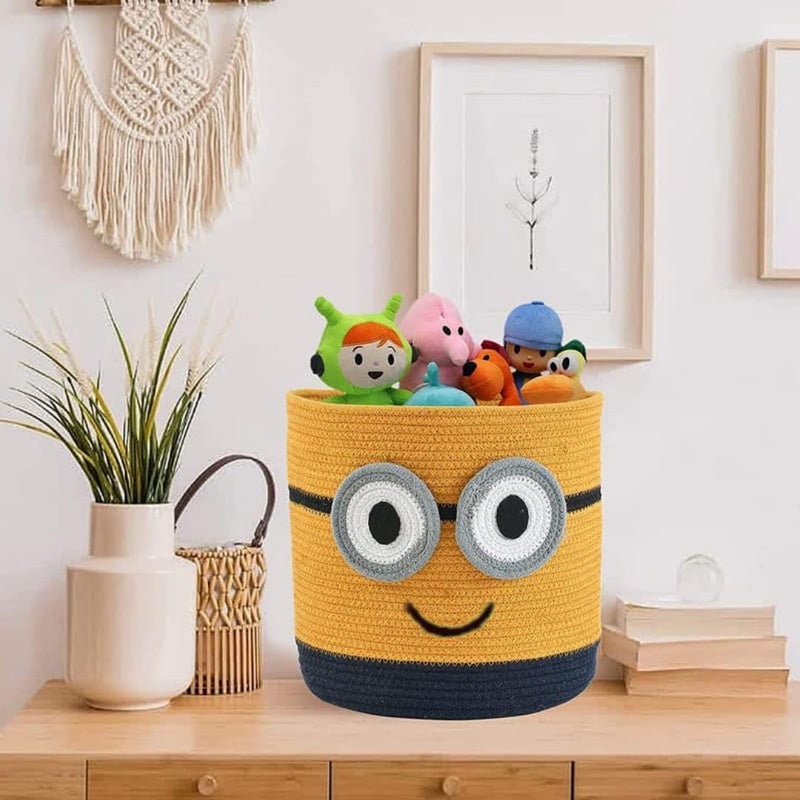 Juteify® Animal Storage Basket for Kids, Rope Storage Basket for Baby Diaper, Stuffed Animal Storage Bin Rope Basket for Kids Toy, Baby Laundry Baskets with lid (Doremon) (Minion) - Image 1