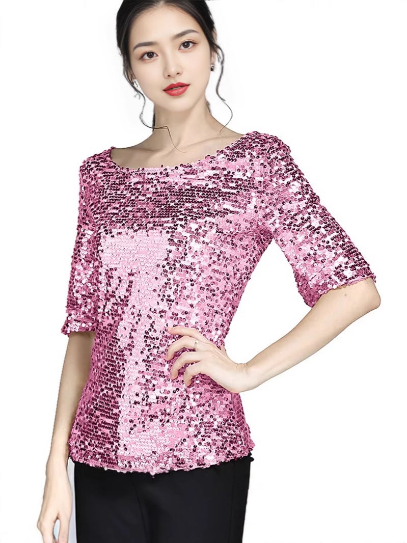 2024 Summer Three-Quarter Sleeve Women'S Solid Color Sequin Round Neck T-Shirt, Fashionable And Versatile Lace - Image 1