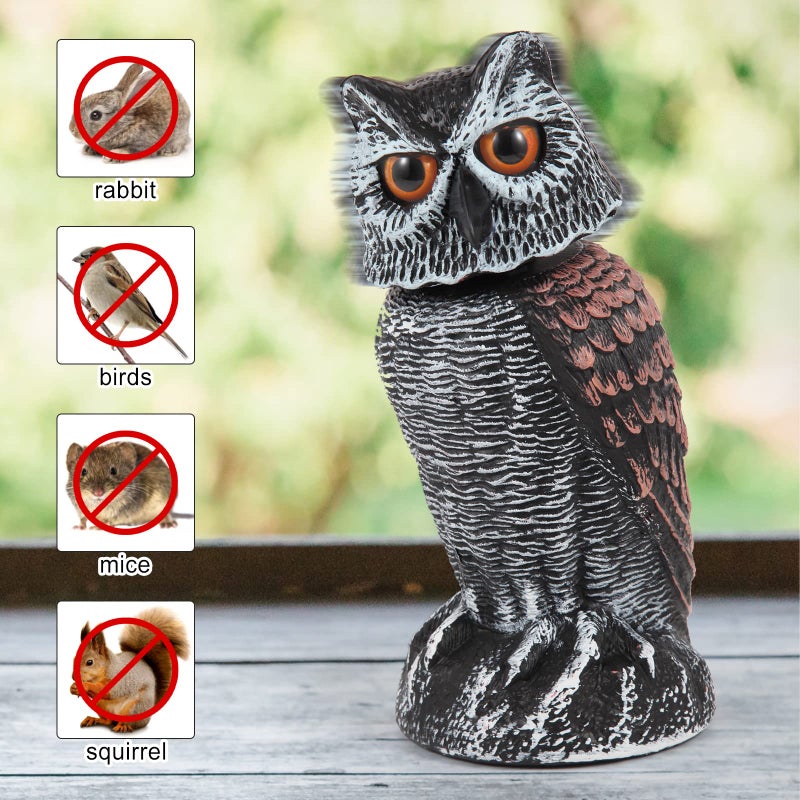 Hedoc 2 Pack Fake Owl Decoys to Scare Birds Away, Rotating Head Bird Deterrents, Nature Enemy Scarecrow Plastic Statues, Pest Repellent for Gardens and Patios - Image 2
