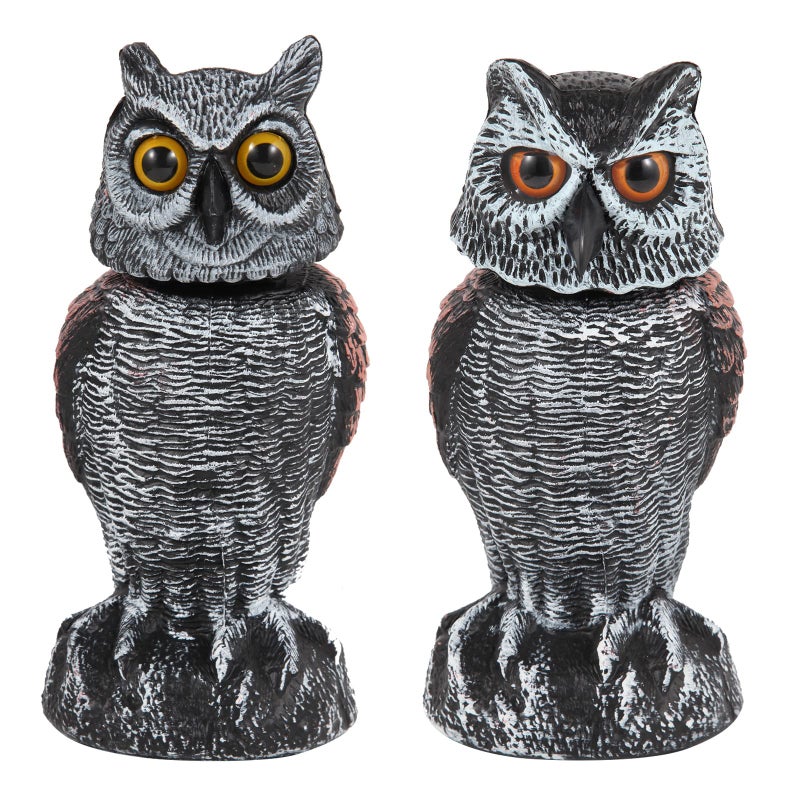 Hedoc 2 Pack Fake Owl Decoys to Scare Birds Away, Rotating Head Bird Deterrents, Nature Enemy Scarecrow Plastic Statues, Pest Repellent for Gardens and Patios - Image 1