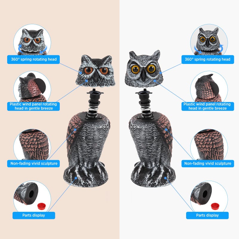 Hedoc 2 Pack Fake Owl Decoys to Scare Birds Away, Rotating Head Bird Deterrents, Nature Enemy Scarecrow Plastic Statues, Pest Repellent for Gardens and Patios - Image 4
