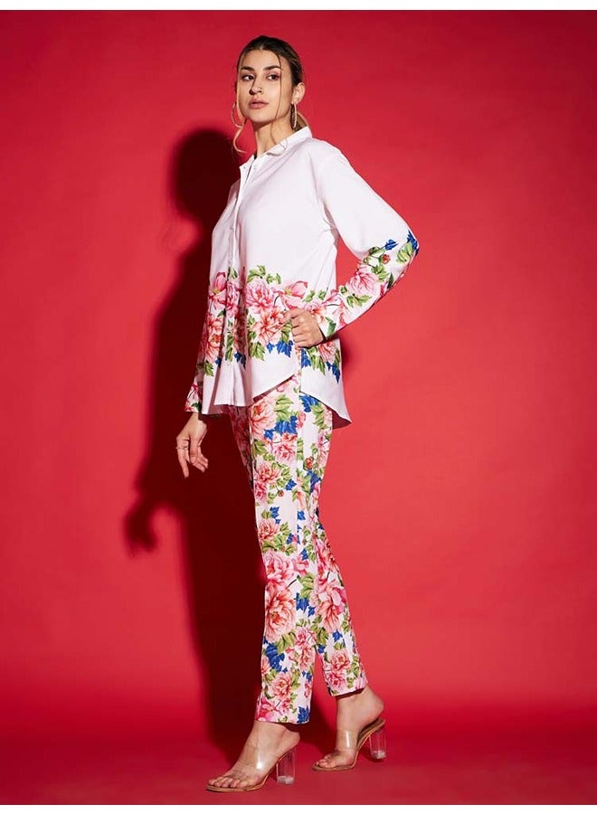 SASSAFRAS Women White Floral Oversized Shirt With Tapered Pants