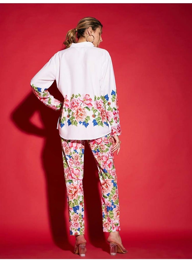 SASSAFRAS Women White Floral Oversized Shirt With Tapered Pants