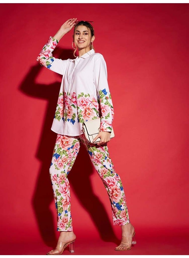 SASSAFRAS Women White Floral Oversized Shirt With Tapered Pants