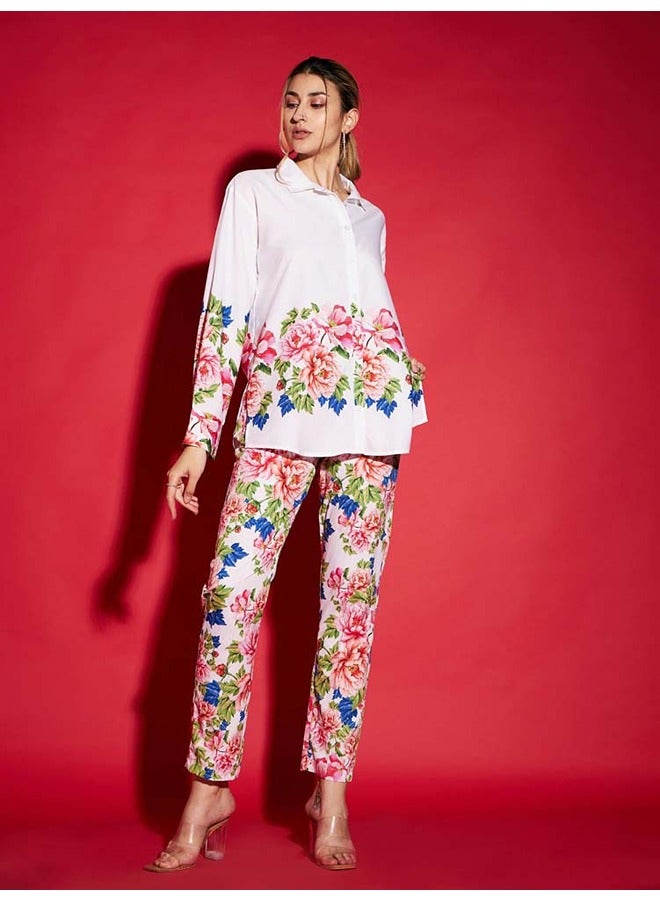 SASSAFRAS Women White Floral Oversized Shirt With Tapered Pants