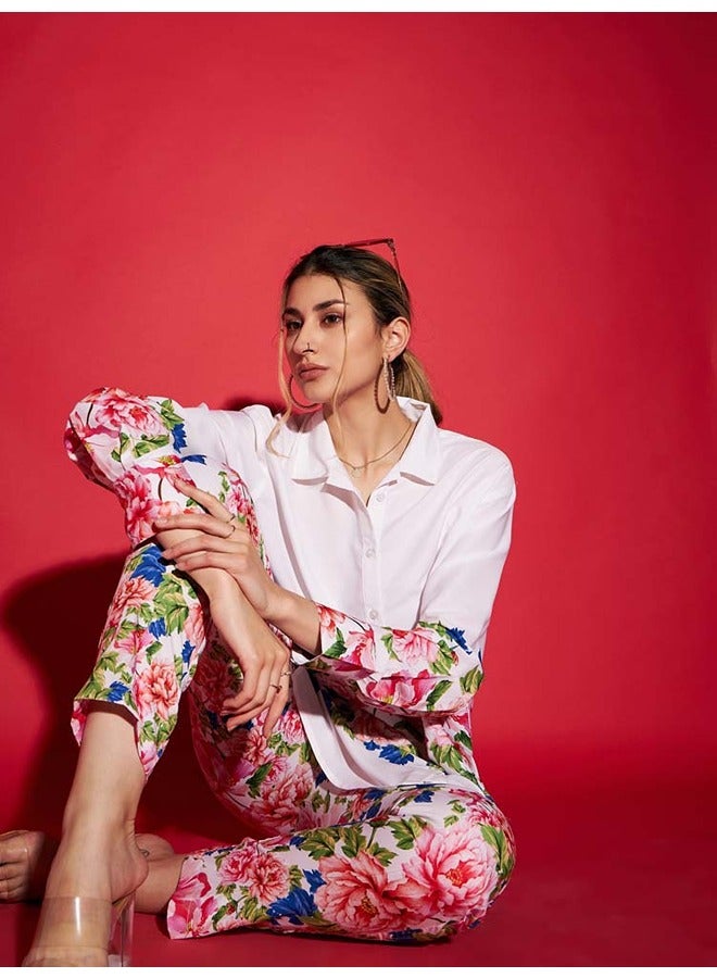 SASSAFRAS Women White Floral Oversized Shirt With Tapered Pants