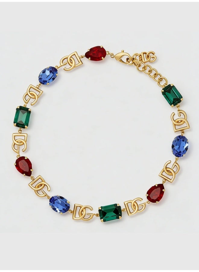 D&G Logo necklace, gold metal with oval gemstones and crystals, Italian luxury women's jewelry. - Image 1