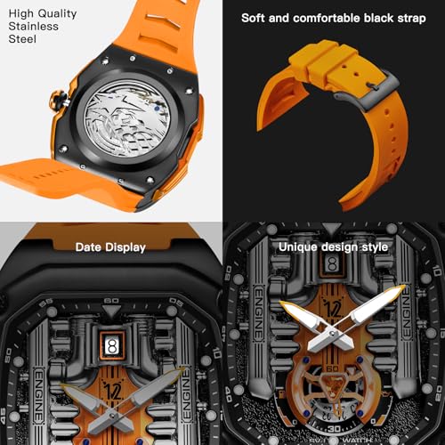 LILUOKE Phantom Engine Watch – Men's Luxury Sports Watch Inspired by Rolls-Royes V12 Engine Design, Skeleton Dial, Luminous Hands, Silicone Strap – (DT-LK9031G-01) - Image 4