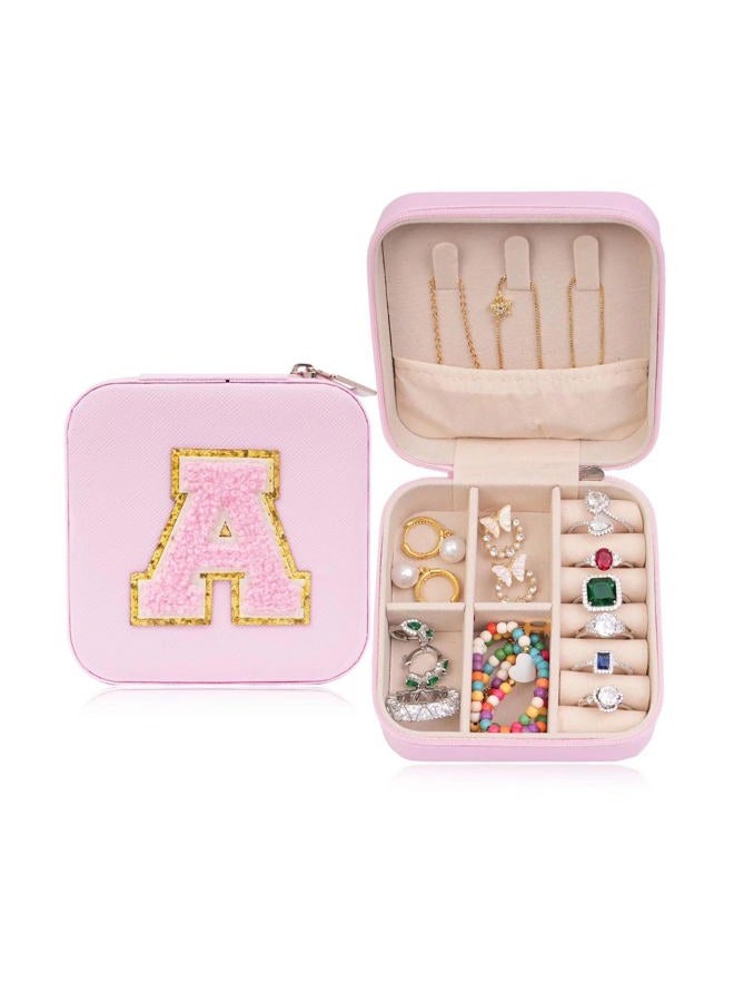 ETHOON Jewelry Travel Case Small Organizer Stocking Box Personalized Gifts Teenage Jewelry Accessories Holiday Wedding Christmas Gift for Women Pink, Letter A - Image 1