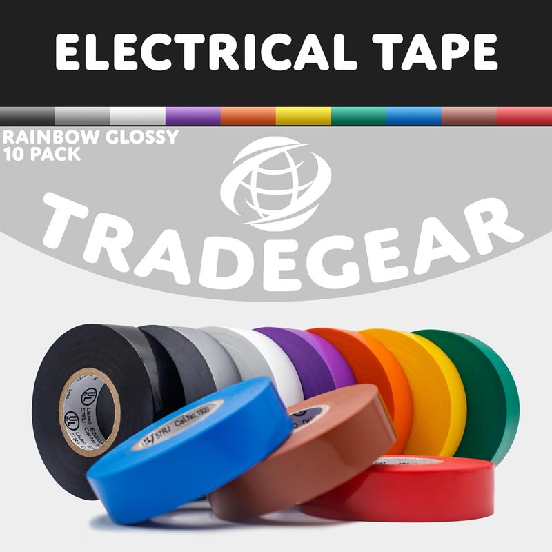 TradeGear Electrical Tape (10PK) Assorted Glossy Rainbow Colors – Waterproof, Flame-Retardant, Rubber Based Adhesive, UL Listed - Rated for Max. 600V and 80oC Use – Measures 60’ x ¾” x 0.07” - Image 2