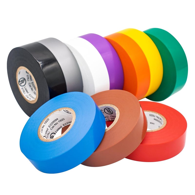 TradeGear Electrical Tape (10PK) Assorted Glossy Rainbow Colors – Waterproof, Flame-Retardant, Rubber Based Adhesive, UL Listed - Rated for Max. 600V and 80oC Use – Measures 60’ x ¾” x 0.07” - Image 1