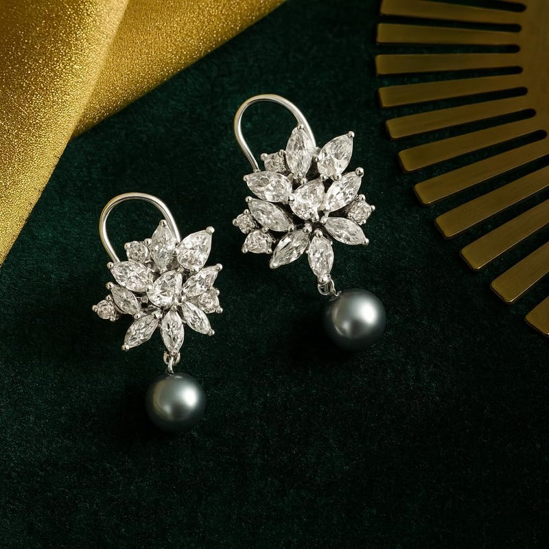 Estele Brass Rhodium Plated American Diamond Pear Marquise Cluster Grey Pearl Girls Drop Earrings (Gold; Ad-107/702) - Image 2