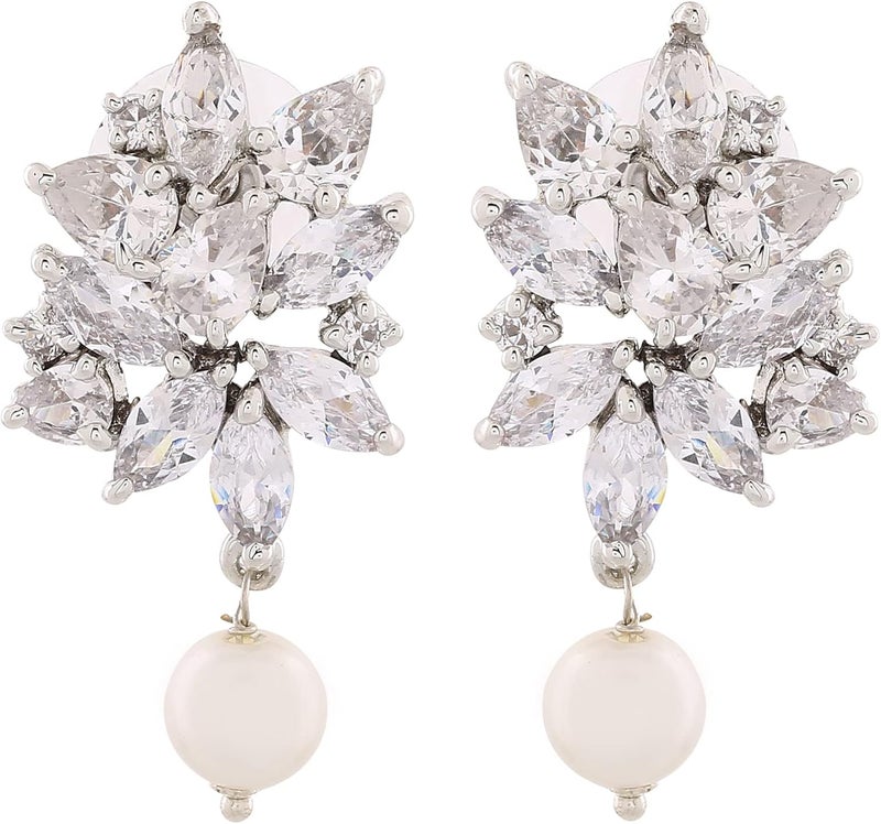 Estele Brass Rhodium Plated American Diamond Pear Marquise Cluster Grey Pearl Girls Drop Earrings (Gold; Ad-107/702) - Image 1