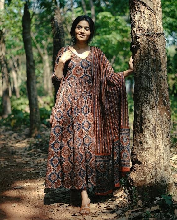 SKY FAB Women Printed Flared Anarkali Kurta with Pant and Dupatta Suit Set | Kurta Set Brown - Image 4