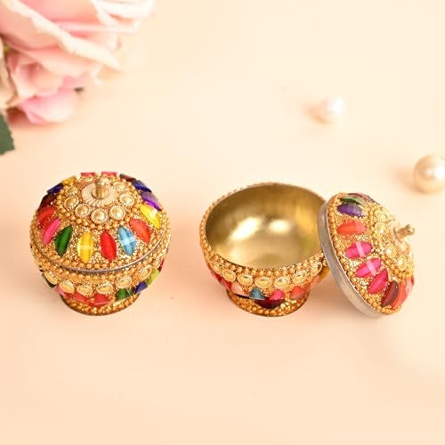 Craftam Metal Kumkum Box– Decorative Sindoor Dabbi/Haldi Roli Chawal Box for Pooja & Gifting (2 Pcs Set) - Image 2