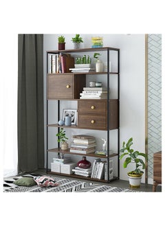 Vincenzo Bookcase 5Tier Book Shelf Cabinet with Drawers Modern Design Adjustable Wooden Book Organiser Cupboard Space Saving Display Storage Rack for Home Office Walnut/Black