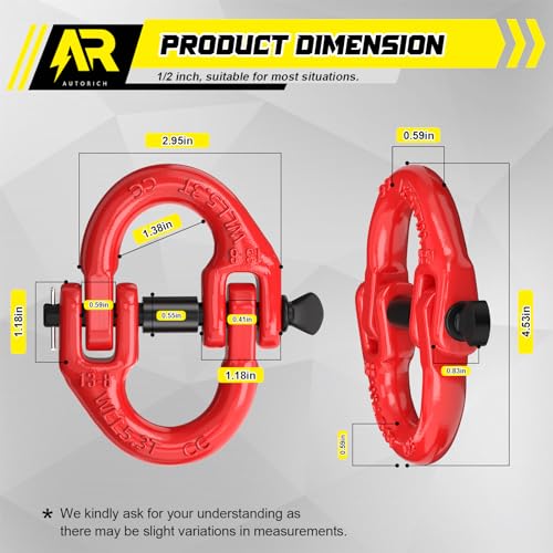 AUTORICH Safety Chain Connector Link, 1/2IN Tow Hitch Hammerlock Coupling Link, 2 Pack G80 Alloy Steel Tow Chain Connector, Quick Install & Remove, 12000 lbs Load Limit, Red - Image 2