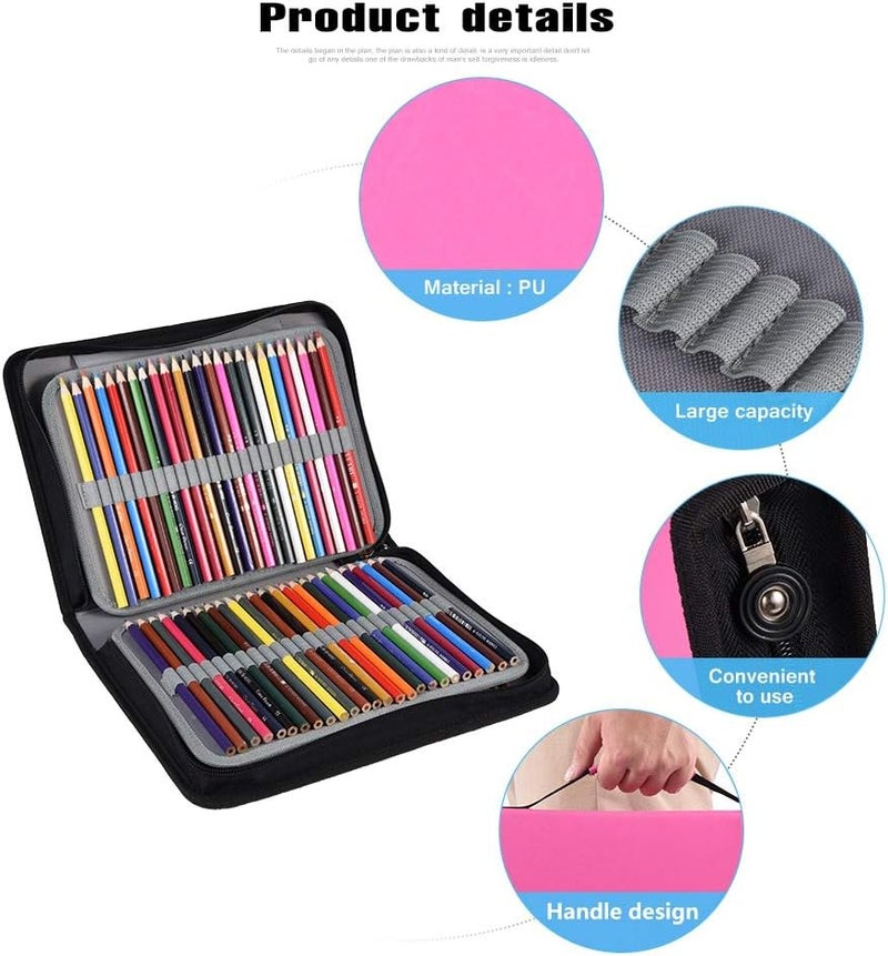 klarako 150 Holes Large Capacity PU Leather Pencil Case Zipper Pen Bag with Elasticity Strap (6 Colors)(Rose Red) - Image 2