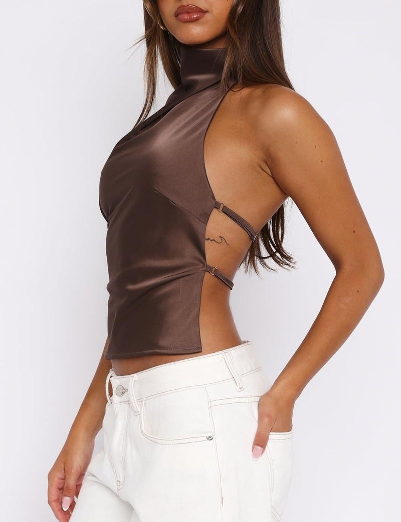 Passec Open Back Halter Tops for Women Bow Tie Back Ruched Ruffle Crop Tops Smocked Y2K Going Out Camisoles (A Dark Brown, M) - Image 4