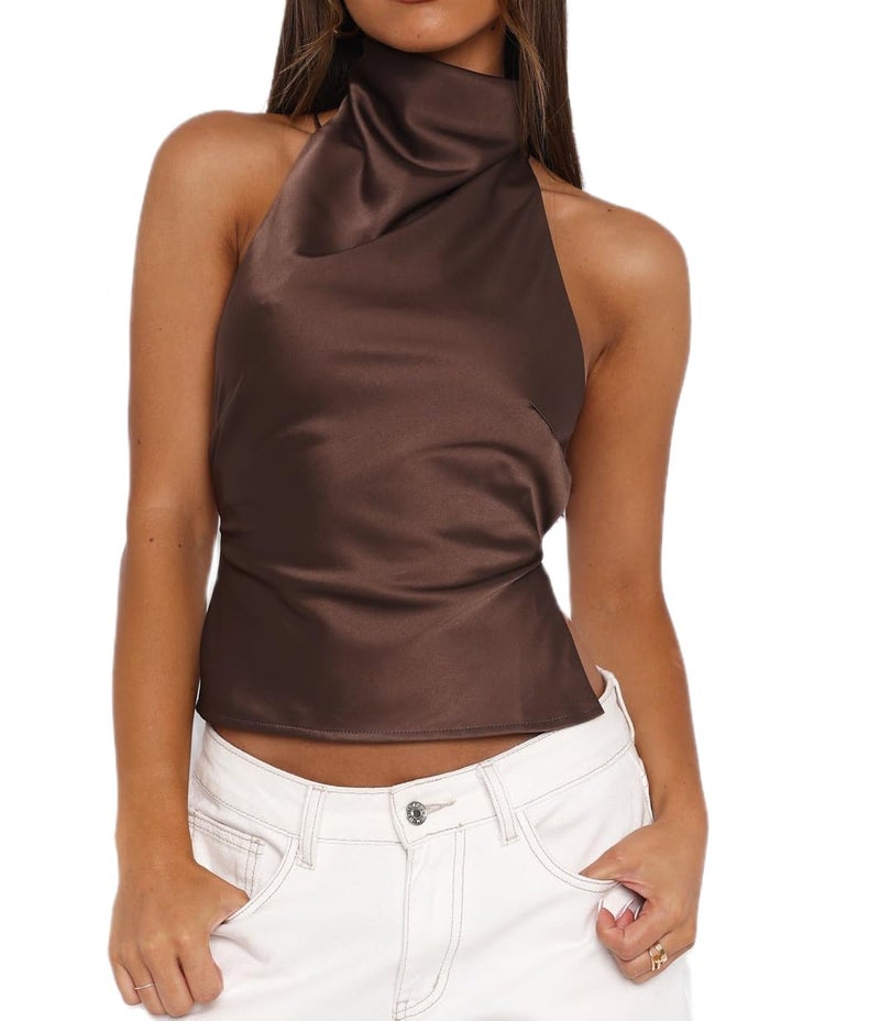 Passec Open Back Halter Tops for Women Bow Tie Back Ruched Ruffle Crop Tops Smocked Y2K Going Out Camisoles (A Dark Brown, M) - Image 1
