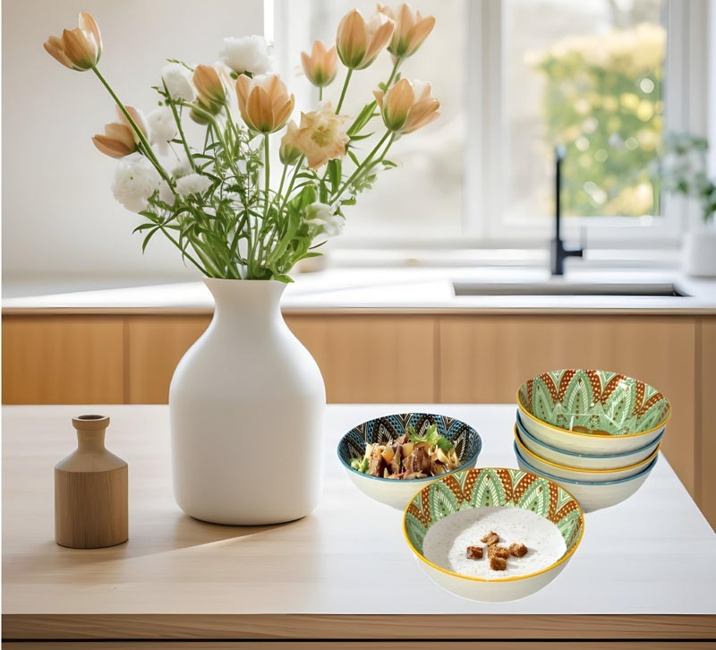 VELINEX® Colorful Ceramic Bowl Gift Box Set - Porcelain Dessert Bowls for Ice Cream, Soup, Cereal - Microwave & Dishwasher Safe - Unique Design - 280ml (Green, Pack of 4) - Image 2