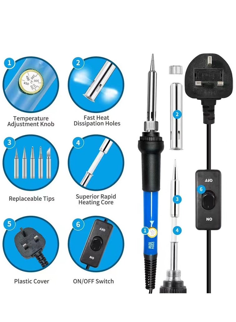 Beauenty Soldering Iron Kit, 60W Welding Tool with ON/Off Switch Adjustable Temperature knob(200-450℃), Digital Multimeter, Soldering Iron Tips, Desoldering Pump for Electronics Repairing - Image 3