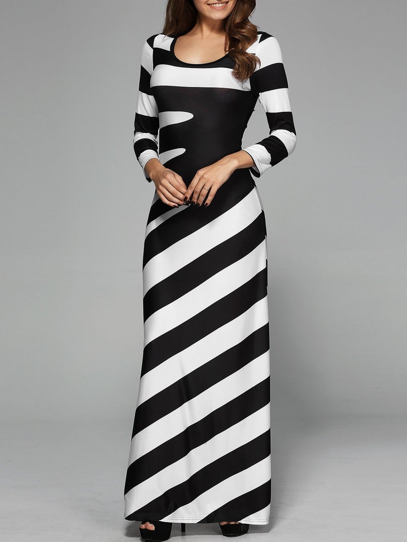 Women's Irregular Stripe Print T-Shirt Dress with Three-Quarter Sleeves - Image 1