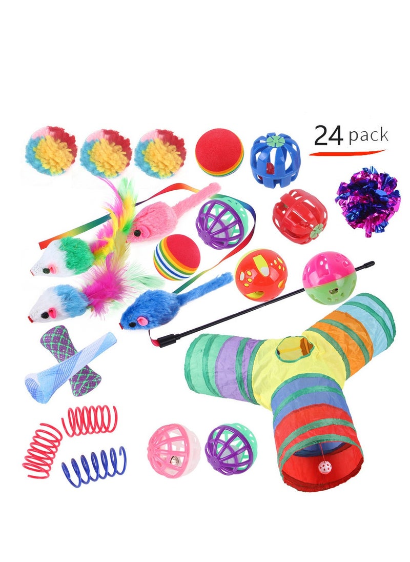 24 Pcs Cat Toys,Kitten Toys,Cat Toys Interactive Accessories for Indoor Cats,Cat Tunnel,Variety Teaser Wand with Feathers,Cat Toys for Kittens Biting,Catnip Fish,Mice,Balls for Cat Pet Lovers