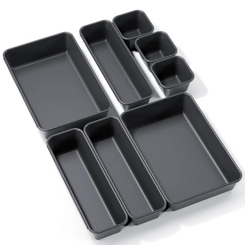 Kutesna 8PCS Plastic Interlocking Drawer Organizer, 3 Sizes Versatile Desk Drawer Organizer Trays, Drawer Dividers, Organization and Storage Bins for Tools, Office, Jewelries, Kitchen Utensils and Makeup - Image 1