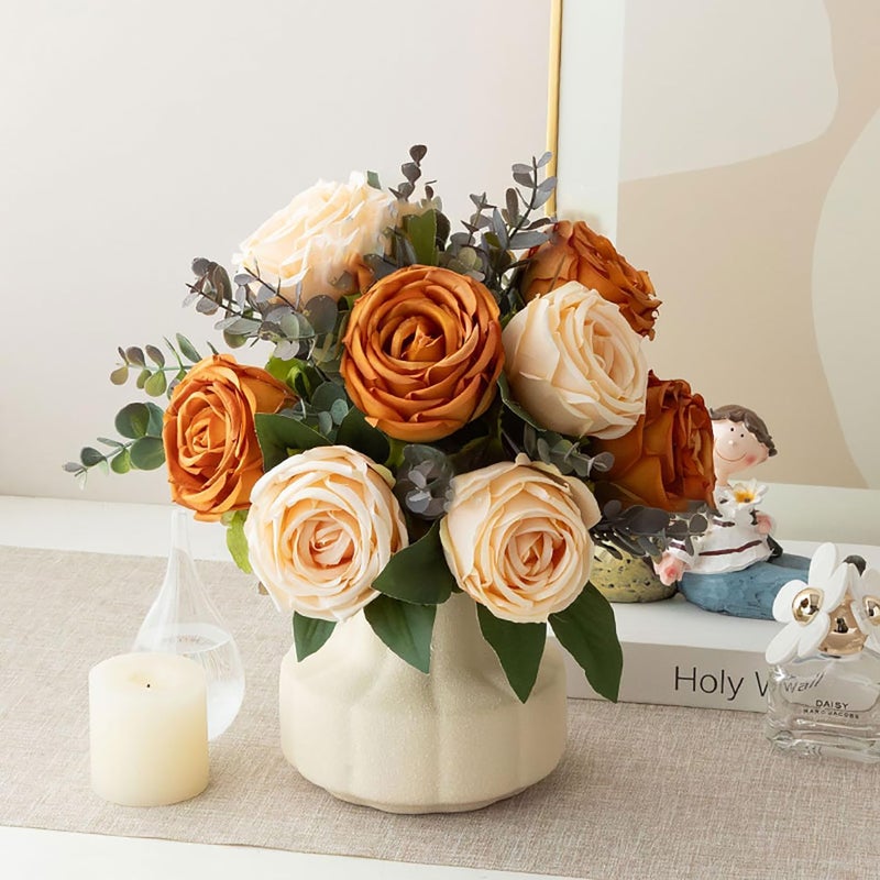 NAWEIDA Silk Roses Artificial Flowers in Vase,Fake Flowers with Vase,Faux Flower Arrangement with Vase for Home Office Decoration, Dining Table Centerpiece - Image 1