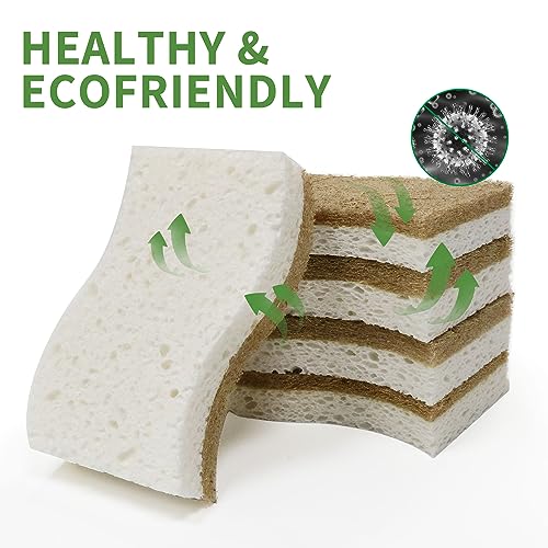 KICKLEEN 16 Pack Biodegradable Natural Kitchen Sponge - Compostable Cellulose and Coconut Walnut Scrubber Sponge - Eco Friendly Sustainable Sponges for Dishes - Image 4
