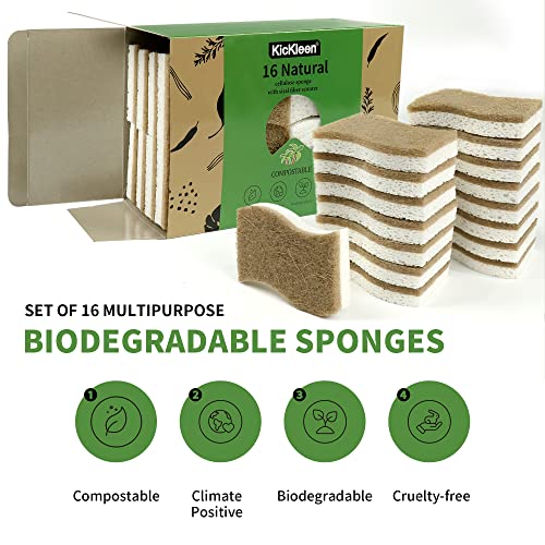 KICKLEEN 16 Pack Biodegradable Natural Kitchen Sponge - Compostable Cellulose and Coconut Walnut Scrubber Sponge - Eco Friendly Sustainable Sponges for Dishes - Image 2