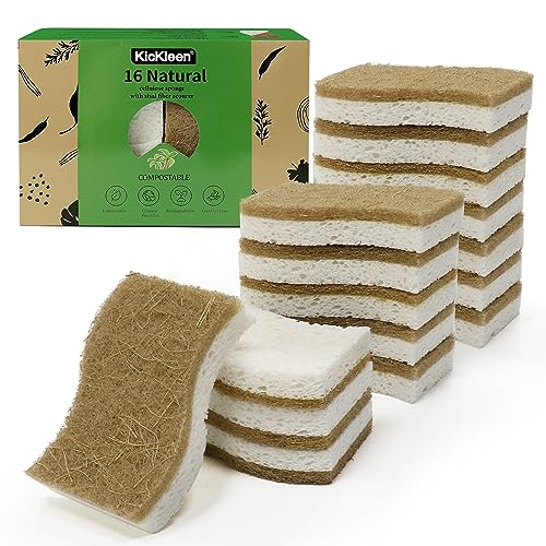 KICKLEEN 16 Pack Biodegradable Natural Kitchen Sponge - Compostable Cellulose and Coconut Walnut Scrubber Sponge - Eco Friendly Sustainable Sponges for Dishes - Image 1
