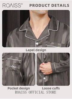 roaiss 2 PCS Comfy Satin Pajama Set for Men Long Sleeve Button Style Loose Fit Loungewear Mens Comfortable and Soft Two Piece Sets Sleepwear Involves Top and Pants in Striped Embroidery Pattern  - Image 5