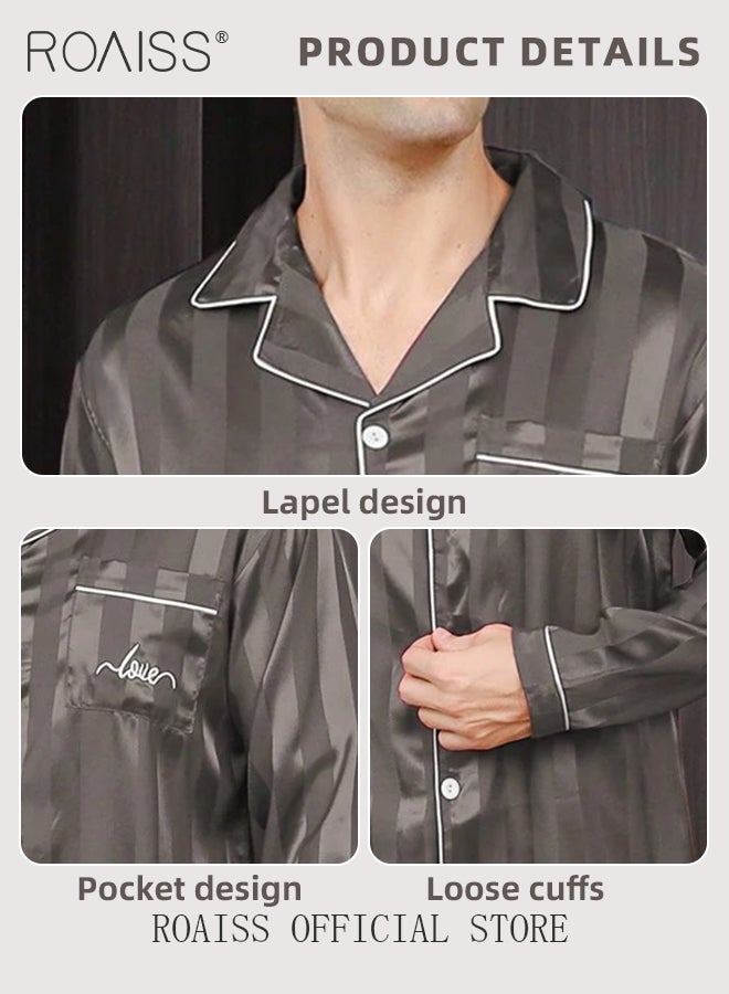 roaiss 2 Piece Pajamas Outfit for Men, Soft Striped Loungewear Set with Button Down Notch Collar Top and Elastic Waist Long Pants, Perfect for Sleeping or Lounging Around Your House - Image 5
