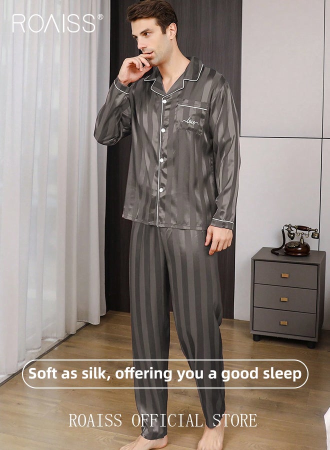 roaiss 2 Piece Pajamas Outfit for Men, Soft Striped Loungewear Set with Button Down Notch Collar Top and Elastic Waist Long Pants, Perfect for Sleeping or Lounging Around Your House - Image 2