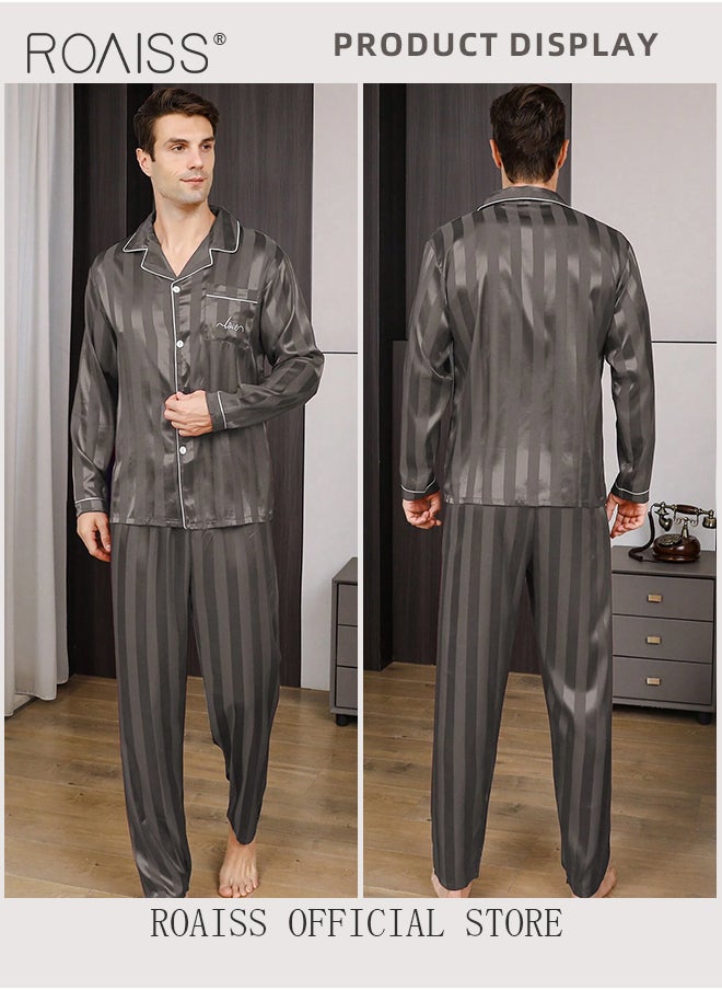 2 PCS Comfy Satin Pajama Set for Men Long Sleeve Button Style Loose Fit Loungewear Mens Comfortable and Soft Two Piece Sets Sleepwear Involves Top and Pants in Striped Embroidery Pattern - pzsku/ZD4C74F001CA4A001FA51Z/45/_/1723531075/b5970f1e-8911-464e-9e70-5d47228b745f