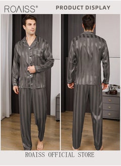 roaiss 2 PCS Comfy Satin Pajama Set for Men Long Sleeve Button Style Loose Fit Loungewear Mens Comfortable and Soft Two Piece Sets Sleepwear Involves Top and Pants in Striped Embroidery Pattern  - Image 3