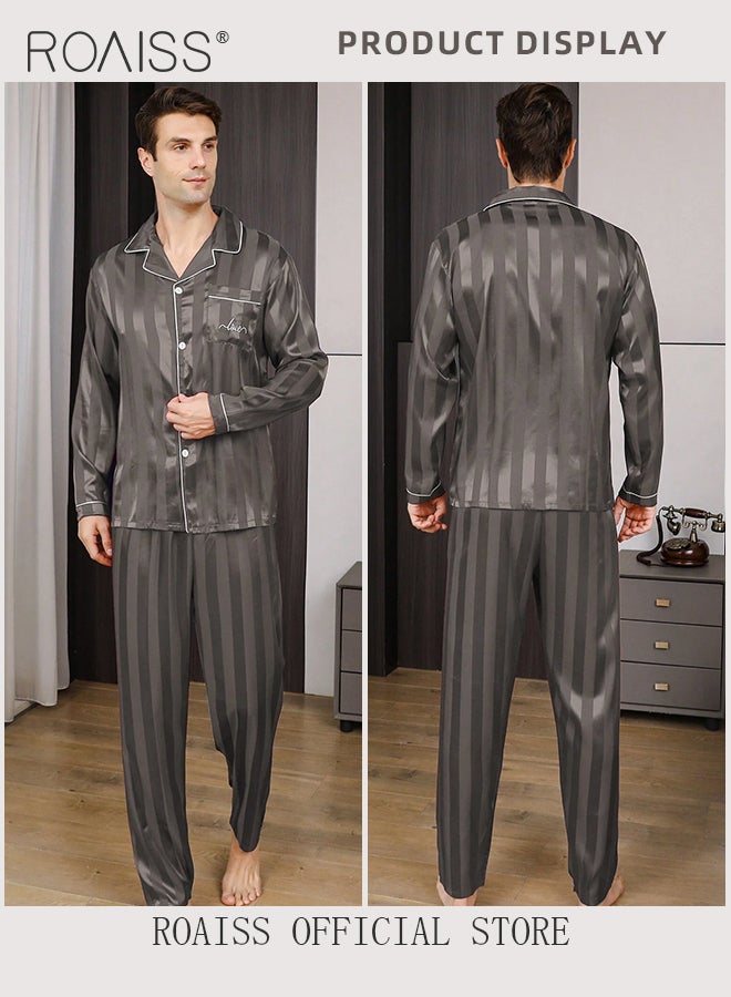 roaiss 2 Piece Pajamas Outfit for Men, Soft Striped Loungewear Set with Button Down Notch Collar Top and Elastic Waist Long Pants, Perfect for Sleeping or Lounging Around Your House - Image 3