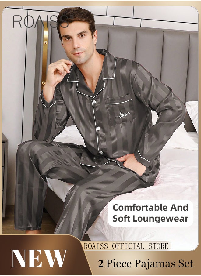 2 PCS Comfy Satin Pajama Set for Men Long Sleeve Button Style Loose Fit Loungewear Mens Comfortable and Soft Two Piece Sets Sleepwear Involves Top and Pants in Striped Embroidery Pattern - pzsku/ZD4C74F001CA4A001FA51Z/45/_/1723531155/48579869-cf1f-4908-9133-cb99ab865eff