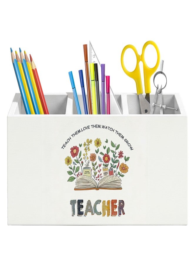 QEJ Boho Floral Teacher Pen Holder for Desk, Teacher Appreciation Gifts, Back to School Gifts for Teachers Wooden Box Pencil Pen Organizer for Home Office Desk Tabletop - Image 1