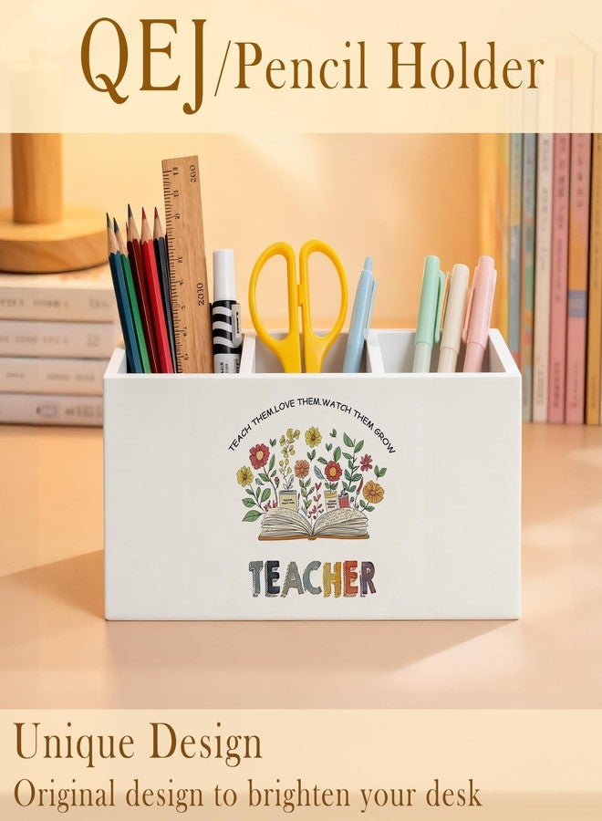 QEJ Boho Floral Teacher Pen Holder for Desk, Teacher Appreciation Gifts, Back to School Gifts for Teachers Wooden Box Pencil Pen Organizer for Home Office Desk Tabletop - Image 2