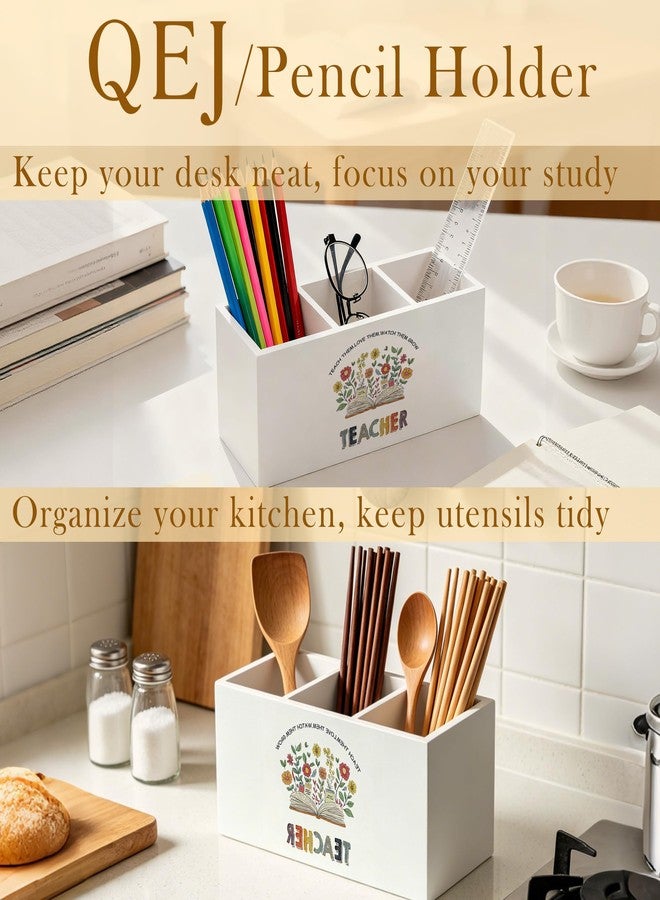 QEJ Boho Floral Teacher Pen Holder for Desk, Teacher Appreciation Gifts, Back to School Gifts for Teachers Wooden Box Pencil Pen Organizer for Home Office Desk Tabletop - Image 3