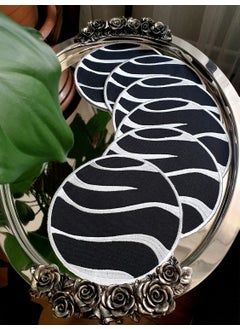 Tanem Home Zebra Pattern Embroidered Gardenia Linen Fabric Cocktail Napkin, Coasters Set of 6 