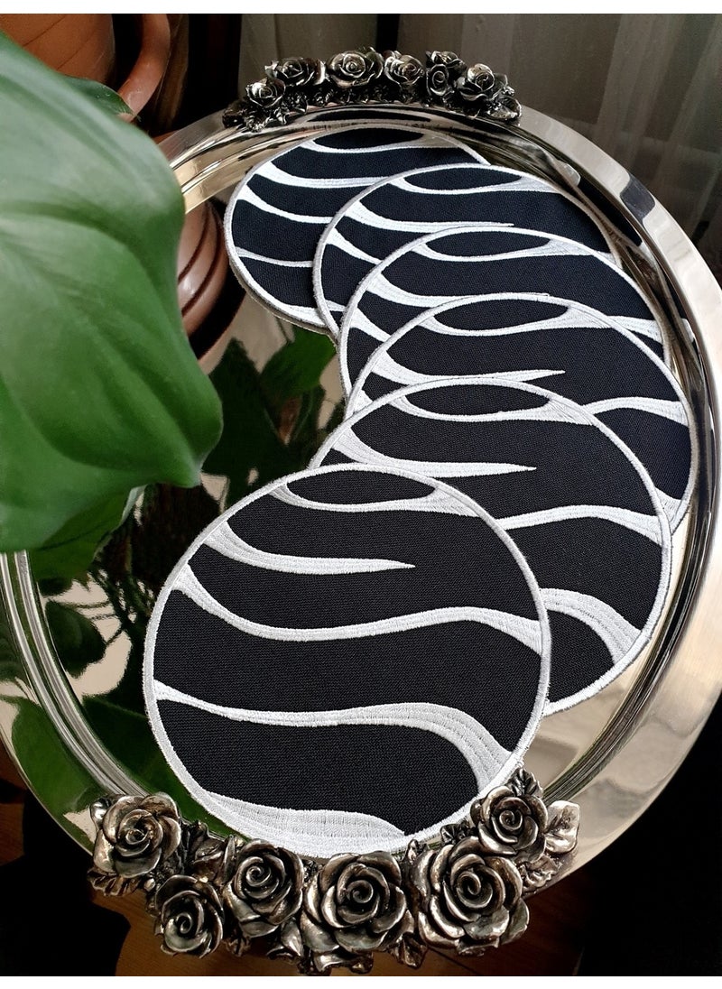 Tanem Home - Zebra Pattern Embroidered Gardenia Linen Fabric Cocktail Napkin, Coasters Set of 6 - Image 1