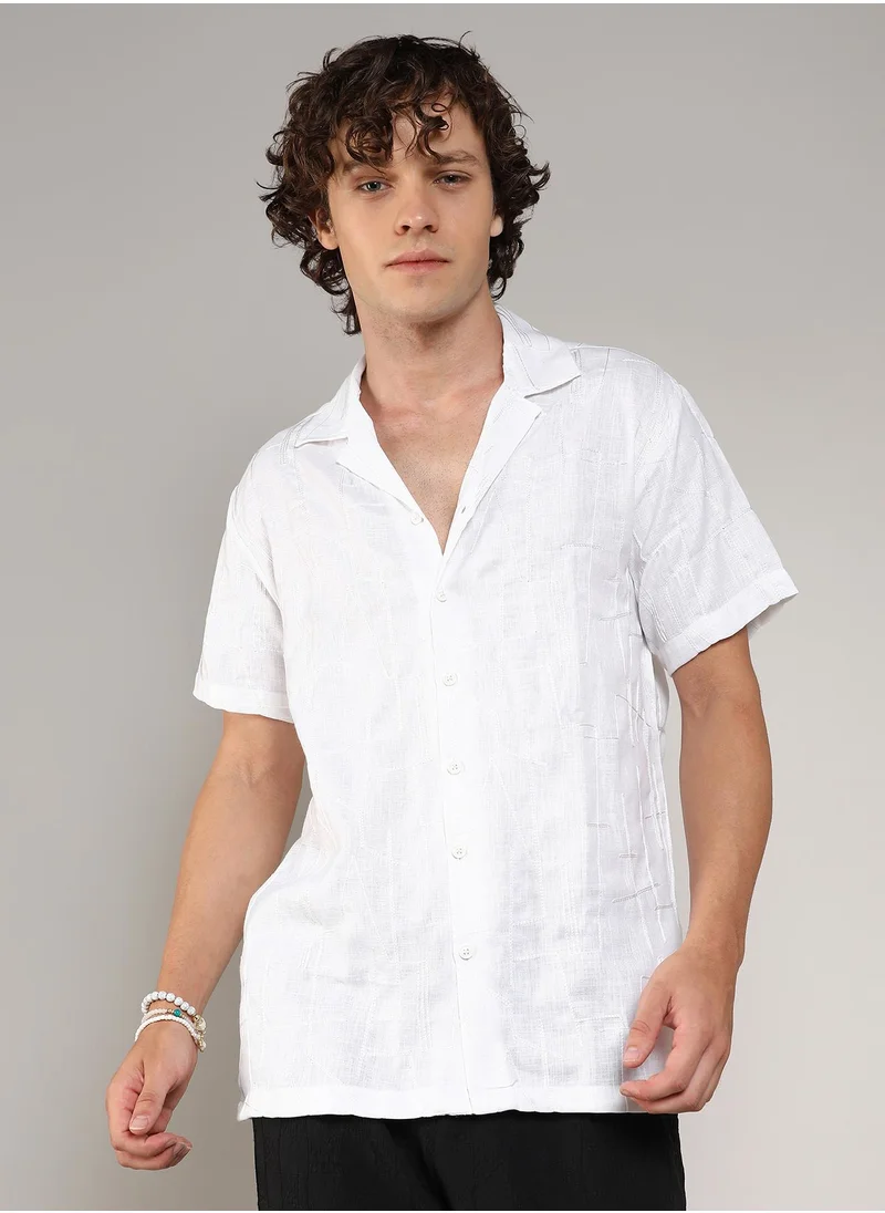 Campus Sutra Men's Chalk White Embroidered Heathered Shirt