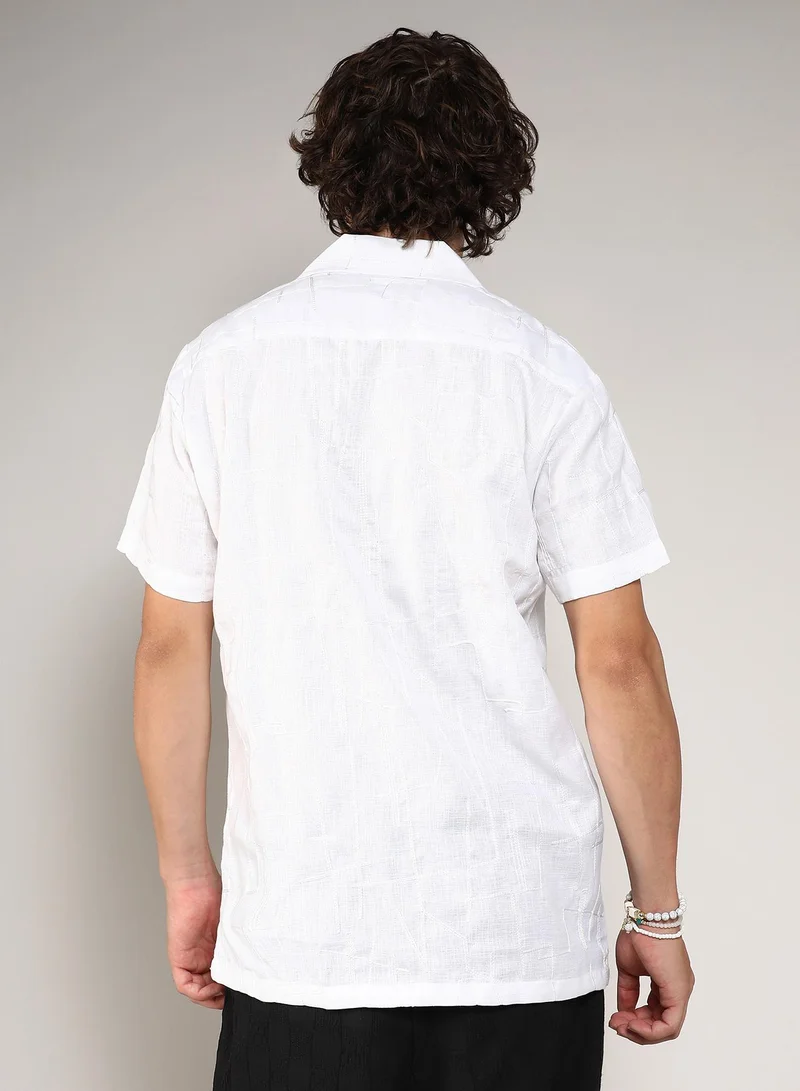 Campus Sutra Men's Chalk White Embroidered Heathered Shirt