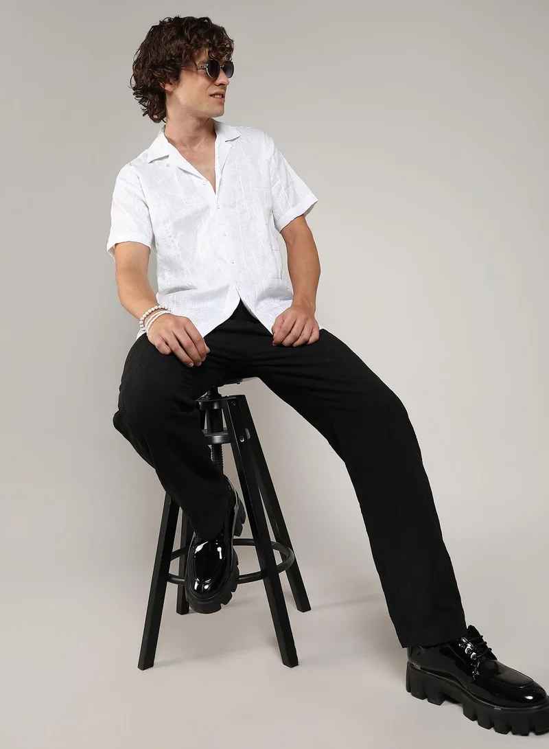 Campus Sutra Men's Chalk White Embroidered Heathered Shirt