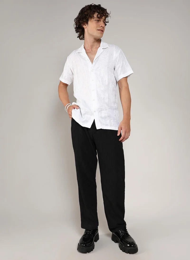 Campus Sutra Men's Chalk White Embroidered Heathered Shirt
