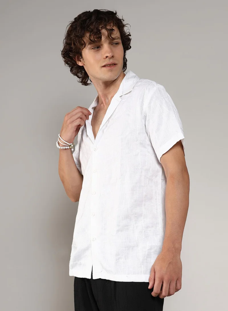 Campus Sutra Men's Chalk White Embroidered Heathered Shirt